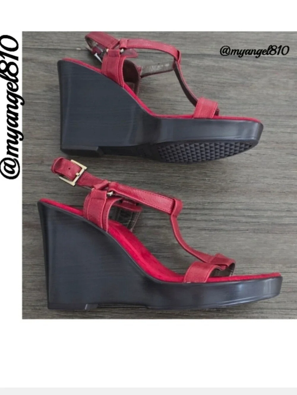 AEROSOLES Red Leather T-Strap Wedge Sandals with Black Wedge Sole, Size 9.5
